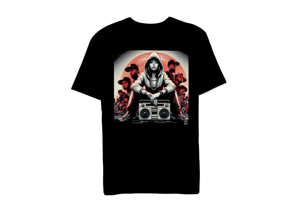T-shirt hip-hop beatstreetwear 100% coton noir avec imprimé graphique DTG directement sur tissu pour un style streetwear.