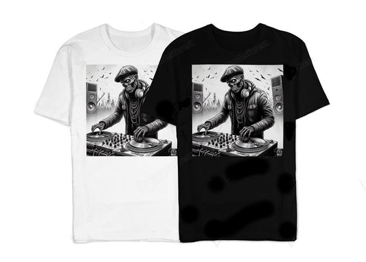 T-shirt hip-hop 100% coton noir ou blanc avec imprimé graphique DTG directement sur tissu pour un style streetwear.