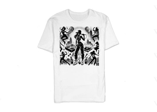 T-shirt hip-hop beatstreetwear 100% coton blanc avec imprimé graphique DTG directement sur tissu pour un style streetwear.