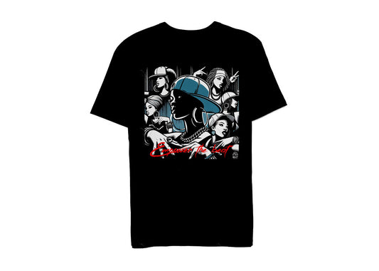 T-shirt hip-hop 100% coton noir avec imprimé graphique DTG directement sur tissu pour un style streetwear.